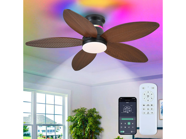 46' Ceiling Fans with RGB Lights - Flush Mount Ceiling Fan Light with LED 3CCT Dimmable, Tropical Palm Leaf Ceiling Fans for Indoor Party,Covered...