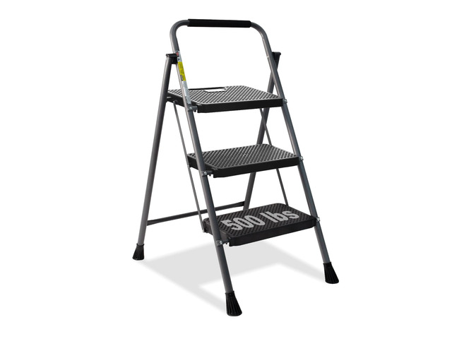3 Step Ladder,Step Stools for Adults, 500lbs Capacity Step Stool Foldable, Steel Ladder for Household and Office, Grey