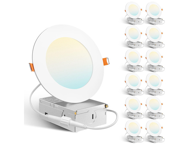 12 Pack 4 Inch Ultra-Thin LED Recessed Ceiling Light, 5CCT, 800LM 5%-100% Dimmable, 2700K-5000K, No Flicker & Noise, Canless Wafer Downlight with...