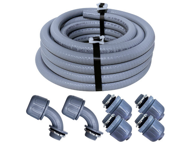 1-1/2 Inch Non-metallic Liquid-Tight Conduit and Connector Kit, 25 Foot Made in USA Flexible Electrical Conduit Type B with 4 Straight and 2...