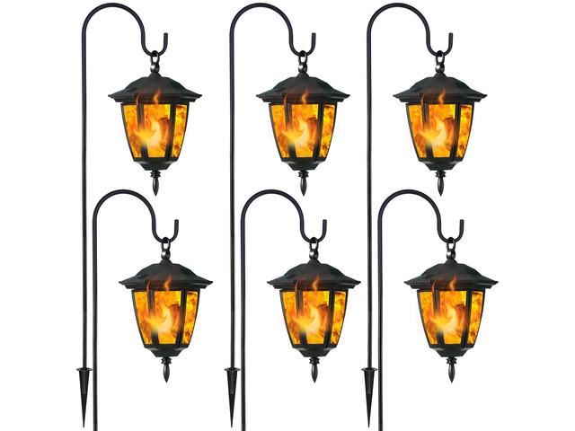 6 Pack Solar Flame Hanging Lights Outdoor, Halloween Solar Flickering Flame LED Garden Lanterns with 6 x 38 Inch Shepherd Hooks, Christmas Lighting...