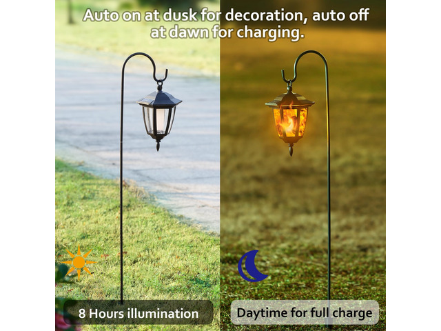 4 Pack Solar Flame Hanging Lights Outdoor, Halloween Solar Flickering Flame LED Garden Lanterns with 4 x 38 Inch Shepherd Hooks, Christmas Lighting...