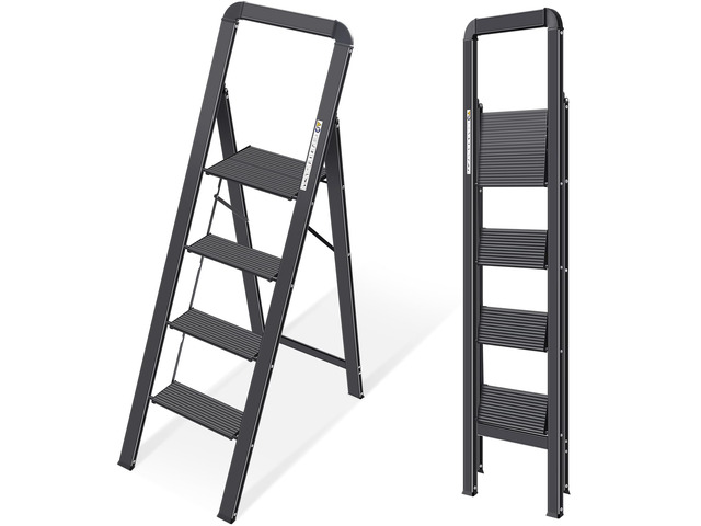 Aluminium 4 Step Ladder, Lightweight Step Stool with Non-Slip Pedals, Handrail, Foldable Step Ladder for Kitchen, Garage, Home, Space Saving,...