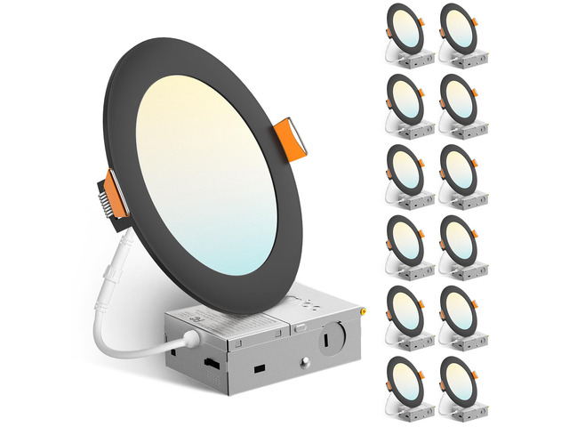 12 Pack 6 Inch Ultra-Thin LED Recessed Ceiling Light, 5CCT, Black 1050LM, 5%-100% Dimmable, 2700K-5000K, No Flicker & Noise, Canless Wafer Downlight...