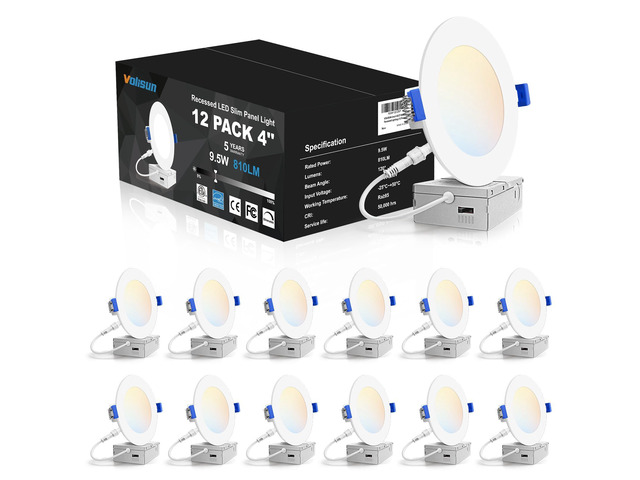 12 Pack 4 inch Recessed Lighting, 5CCT, 9.5W Eqv 80W, 810LM LED Recessed Light with Junction Box 2700K-5000K Selectable, Dimmable Canless Wafer...