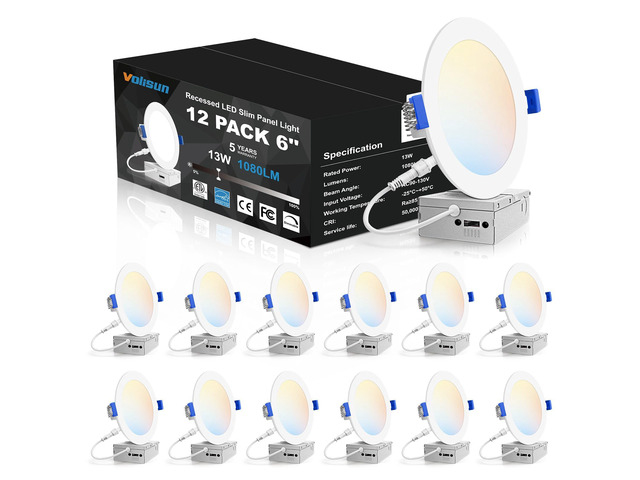 12 Pack 6 inch Recessed Lighting, 5CCT, 13W Eqv 120W, 1080LM LED Recessed Light with Junction Box 2700K-5000K Selectable, Dimmable Canless Wafer...