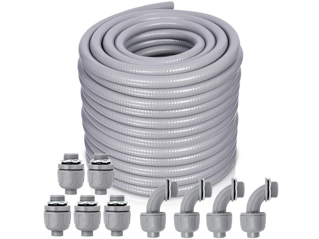 1 Inch 100 FT Non Metallic Liquid-Tight Conduit and Connector Kit - Includes 5 Straight and 4 Angle Fittings for Electrical Wiring