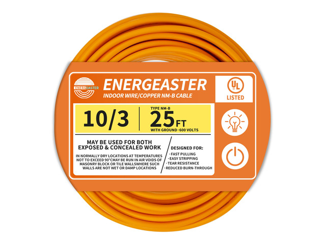Solid Indoor 10/3 NM-B Copper Cable with Ground 25FT, Orange 25FT NMB Cable 10 Gauge Wire 3 Conductors 600V Bare Copper Non-Metallic Sheathed Solid...