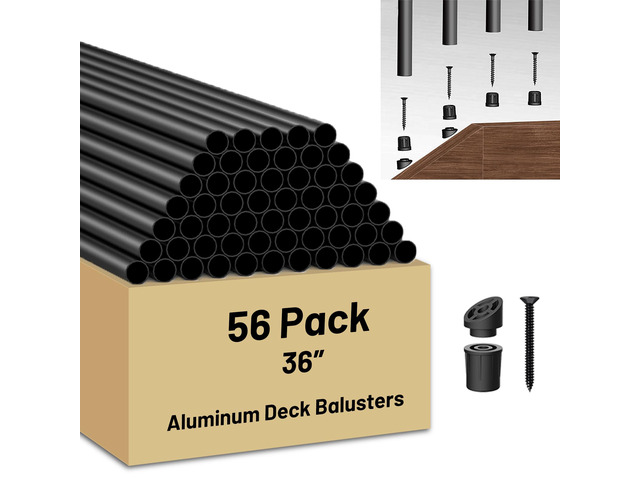 56 Pack 36 inch Aluminum Balusters for Deck Railing,Black Round Metal Spindles for Staircase,3/4' Diameter Hollow Deck Ballasters with Screws and...
