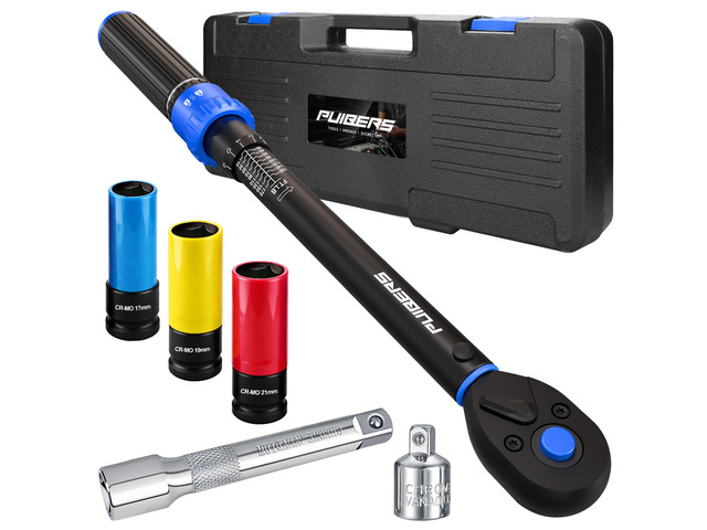10-170FT 1/2'' Torque Wrench Socket Set, 17mm 19mm 21mm Wheel Sockets with 3/8' Drive Adapter and Extension Bar 72 Tooth, High Accuracy Laser...