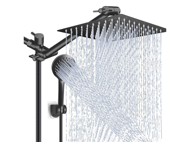 Black Shower Head Combo,10 Inch High Pressure Rain with 11' Extension Arm 5 Settings Handheld Powerful Shower Spray Against Low Pressure Water,...