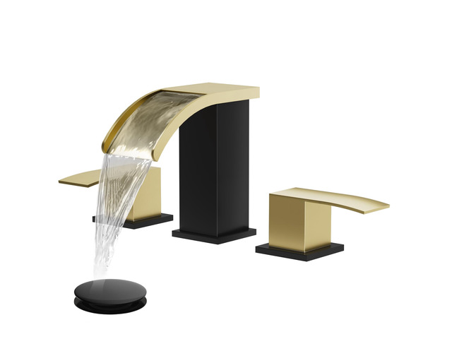 Waterfall Bathroom Faucet 3 Hole Square Body,Brushed Gold & Black SUS304 8 Widespread Bathroom Sink Faucet,2.17 Wide Spout,24 cUPC Hose,Pop Up...