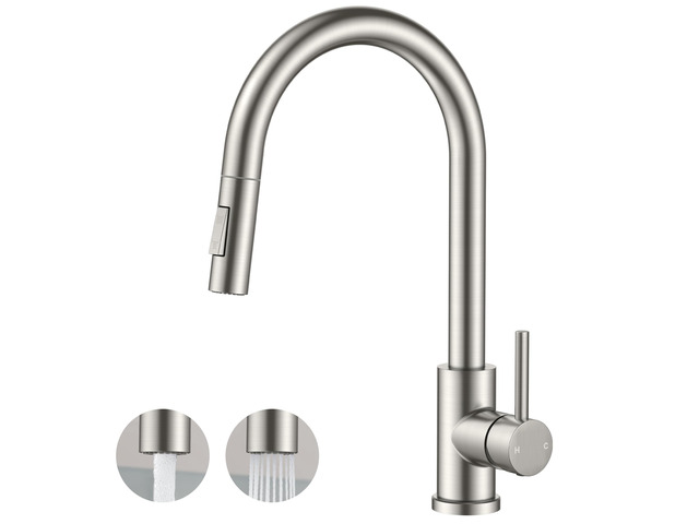 Kitchen Faucet, 2-Mode Pull Down Sprayer, Classic Stainless Steel Lead-Free, Brushed Nickel, Single Handle, 1 Hole Sink Faucet with Deck Plate, Fit...