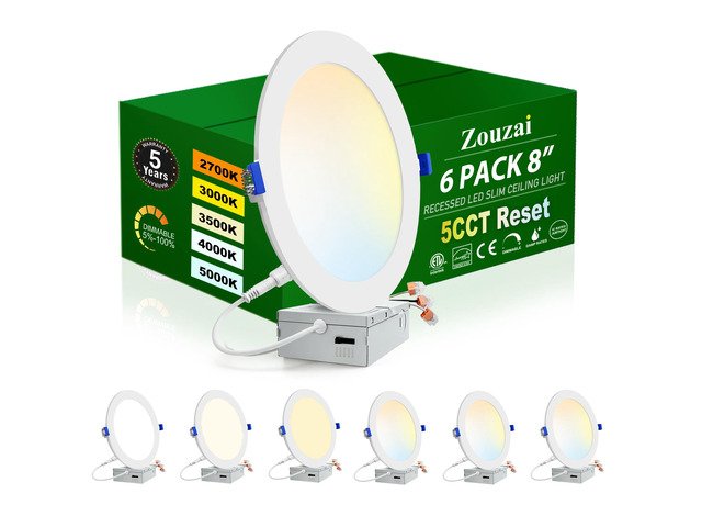 6 Pack 8 Inch LED Recessed Ceiling Light, 5CCT, Dimmable, 1685LM 2700K-5000K Selectable, 18W Eqv 150W, 120V, with Junction Box, Canless Wafer...