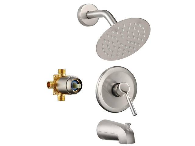 Tub Shower Faucet Set (Valve Included) with 6-Inch Rain Shower Head and Tub Spout Single-Handle Tub and Shower Trim Kit Brushed Nickel