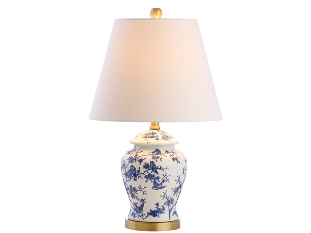 Penelope Ginger Jar 22' LED Table Lamp, Blue/White Chinoiserie, Ceramic Metal Construction, French Country Traditional, Linen Empire Shade, Brass...