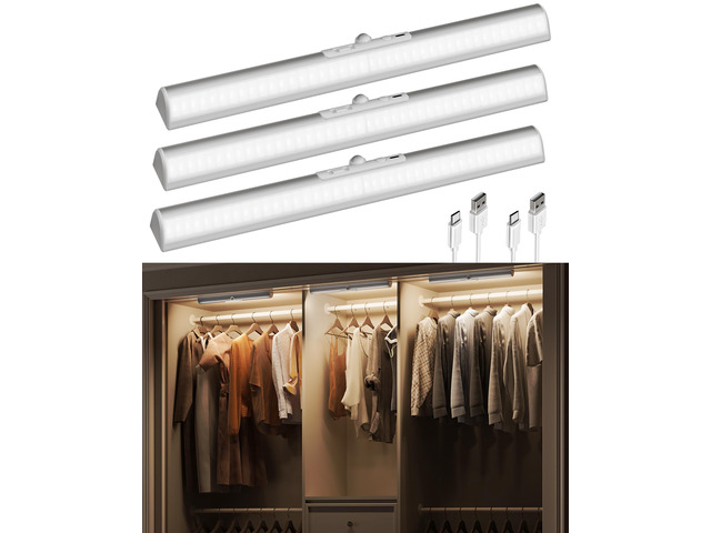 17-Inch Motion Sensor Closet Lights Indoor 3 Pack, 3600mAh Rechargeable Battery, 180 Lumens, No-Glare, Wireless, 3 Color Temps, Dimmable, Wardrobe,...