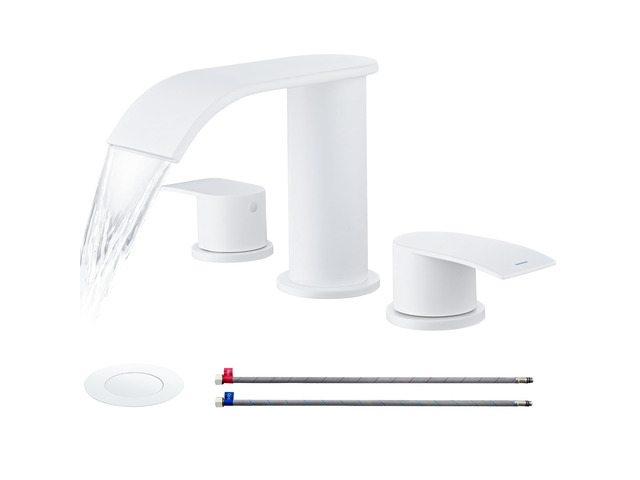 8 inch Waterfall Bathroom Faucet White with Metal Pop-up Sink Drain 2 Handle Widespread Bathroom Sink Faucet for Vanity Sink 3 Holes with Stopper...
