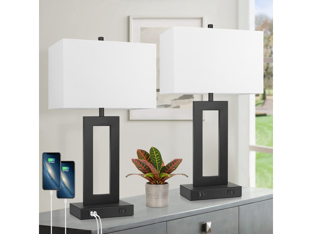 22' Table Lamp Set of 2, Modern Touch Control Lamp with 2 USB Ports 3 Way Dimmable, White Fabric Shade, E26 Base, Desk Lamp for Living Room,...