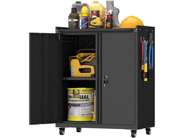 Metal Cabinet with Wheels, Steel Cabine with Locking Doors, Small Cabinet with Adjustable Shelf, Tool Cabinets for Garage, Suitable for Home...