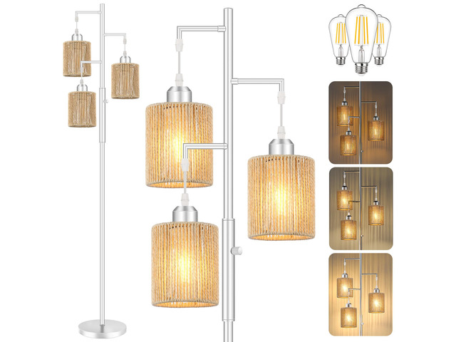 72' Boho Rattan Tree Floor Lamp, Tall Dimmable Industrial Standing Lamp, Corner Decor Accent Lighting for Living Room, Bedroom, Dining Room,...