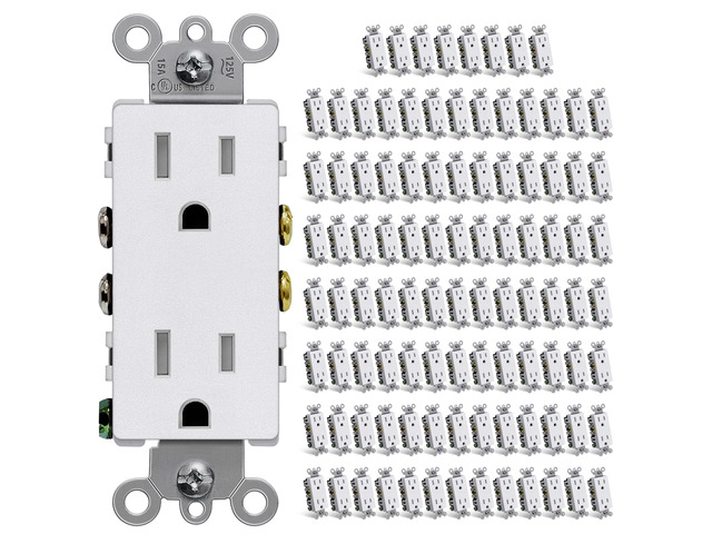 100 Pack Matte White Decorator Receptacle Outlet, Tamper Resistant (TR) Electrical Wall Outlets, 15A/125V, 2 Pole 3 Wire, NEMA 5-15R, UL Listed