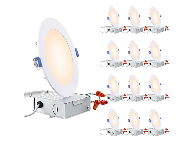 12-Pack 6 Inch Ultra-Thin LED Recessed Light, 12W, 2700K Aluminum, 5%-100% Dimmable, ETL & ES, Slim LED Downlight with Junction Box, Soft White