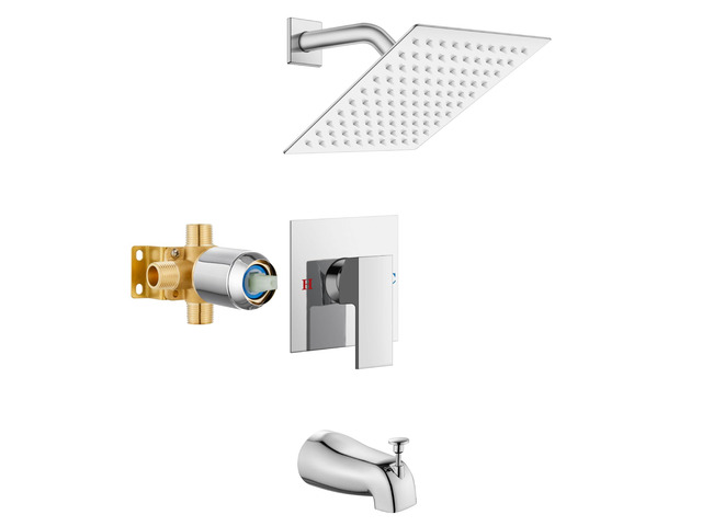 8 Inch Shower Faucet Set,Bathtub Faucet Kit,8 Inch-Chrome Polish Shower Tub Faucet Set,Male Threads Rough-In Valve,Square Head Shower System