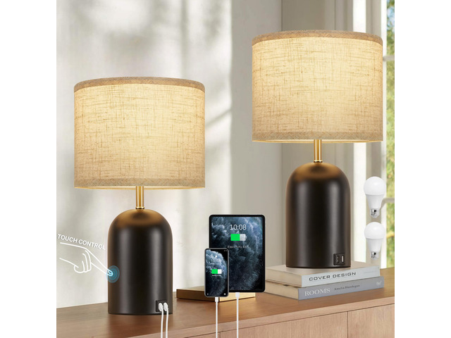 Touch Control Table Lamps Set of 2, Black Bedside Lamps for Bedroom 18' Modern Dimmable Desk Lamp for Nightstand Living Room Office, with 2 USB...