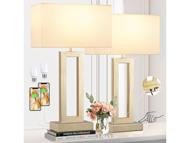 22' Tall Touch Lamps for Nightstand with USB C+A, 3 Way Dimmable Gold Lamp 3 Way Dimmable, USB-C & USB-A Ports, White & Gold Finish, Modern Desk...