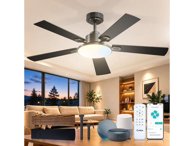 52 Inch Smart Ceiling Fans with Lights, Downrod Mount, Black Compatible with Alexa/Remote/App, Sloped, 6 Speeds, Dimmable 3CCT, Quiet Reversible DC...