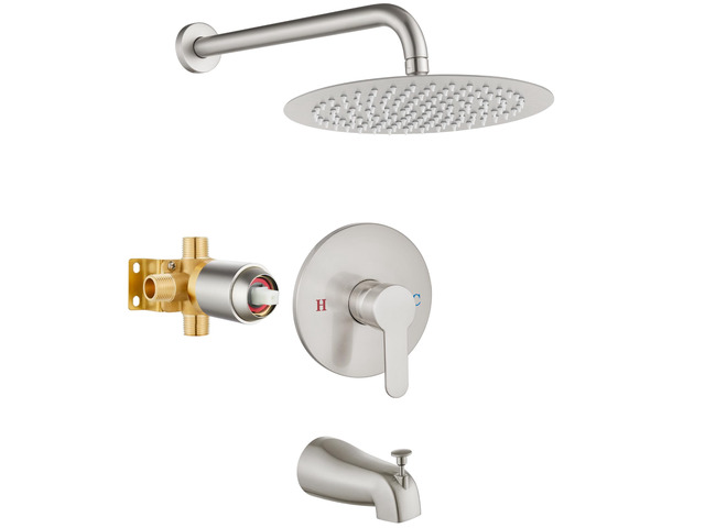 Shower Faucet Set with Tub Spout,10' Bathtub Faucet-Brushed Nickel Male Threads Rough-In Valve,Round Head Shower System,Tub and Shower Kit Set