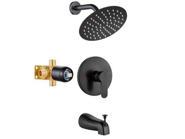 Shower Faucet Set with Tub Spout,8' Bathtub Faucet-Oil Bronze Male Threads Rough-In Valve,Round Head Shower System,Tub and Shower Kit Set