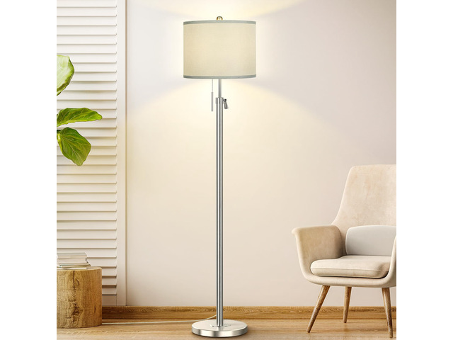 Brushed Nickel Floor Lamp for Living Room, Adjustable Height Standing Lamp, Tall Pole Light with Grey Shade for Bedroom, 8W 4000K 3-Way LED Bulb...