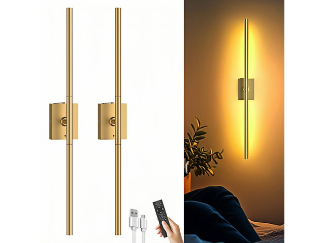 Battery Operated Wall Sconces Set of 2, 10000mAh, Gold remote control and 360Â° rotation, for picture display TV wall mirror bedroom or living room...