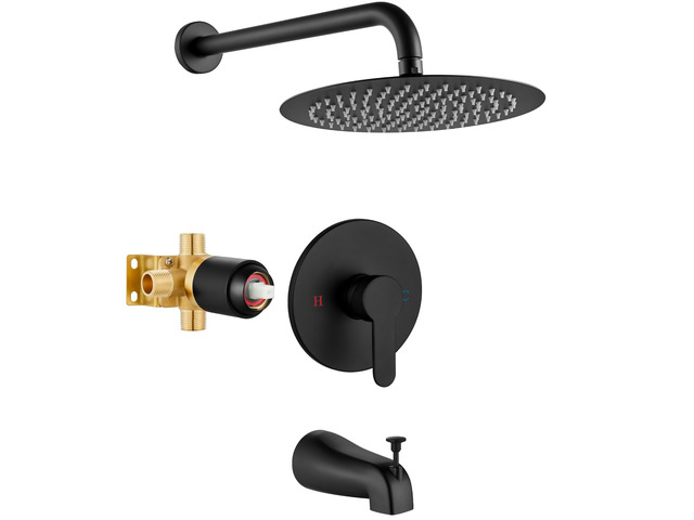 Shower Faucet Set with Tub Spout,10' Bathtub Faucet-Matte Black Male Threads Rough-In Valve,Round Head Shower System,Tub and Shower Kit Set
