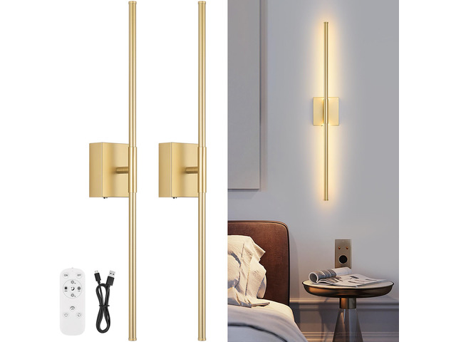 Battery Operated Wall Sconce Set of Two with Remote Control, 3000K-6000K Dimmable Gold Wall Lights, Timable LED Wireless Wall Sconces, 350° Ratate...