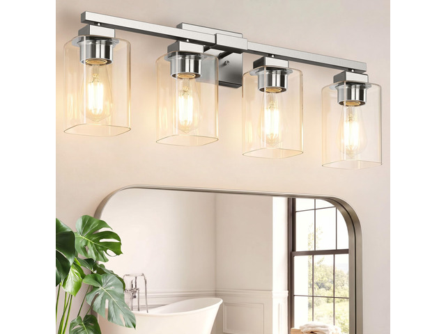 27 Bathroom Light Fixtures,4-Light Vanity Light Brushed Nickel Square Clear Glass & Durable Metal, Quick & Easy Installation, Standard E26 Socket,...