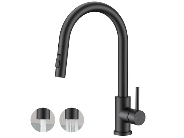 Kitchen Faucet, 2-Mode Pull Down Sprayer, Classic Matte Black Lead-Free, Stainless Steel, Single Handle, 1 Hole Sink Faucet with Deck Plate, Fit...