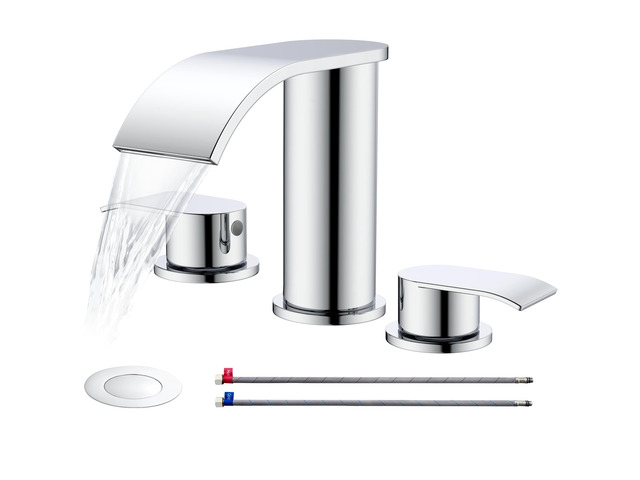 8 inch Bathroom Faucet Chrome, Waterfall Bathroom Faucet with Metal Pop-up Sink Drain Stopper and 2 Supply Hoses,2 Handle Widespread Faucets for...