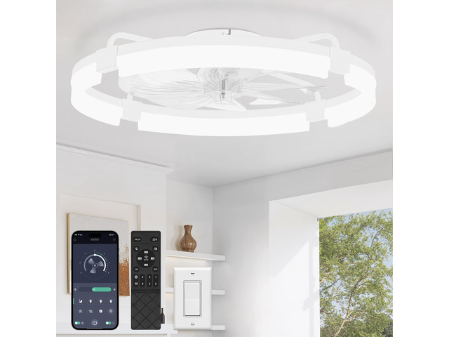 24' Ceiling Fans with Lights, Low Profile Fandelier for Bedroom Flush Mount Fan Light, Stepless Dimmable, App/Remote Control, 3 CCT Led, 6 Speeds,...