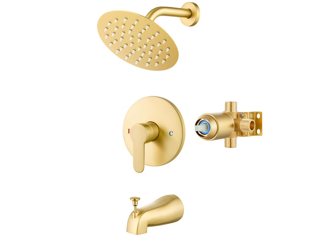 Shower Faucet Set with Tub Spout,6' Bathtub Faucet-Brushed Gold Male Threads Rough-In Valve,Round Head Shower System,Tub and Shower Kit Set