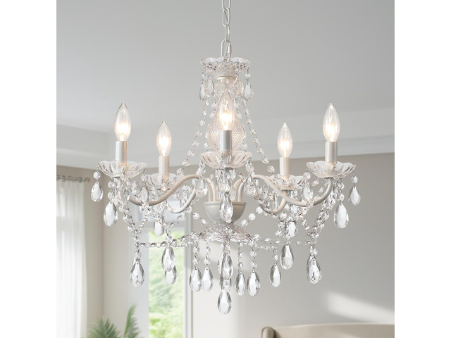 Crystal White Chandelier, Ceramic White Hanging Pendant Light,Crystals Pendant and Glass Dish,5 Light Crystal Chandeliers for Ceiling...