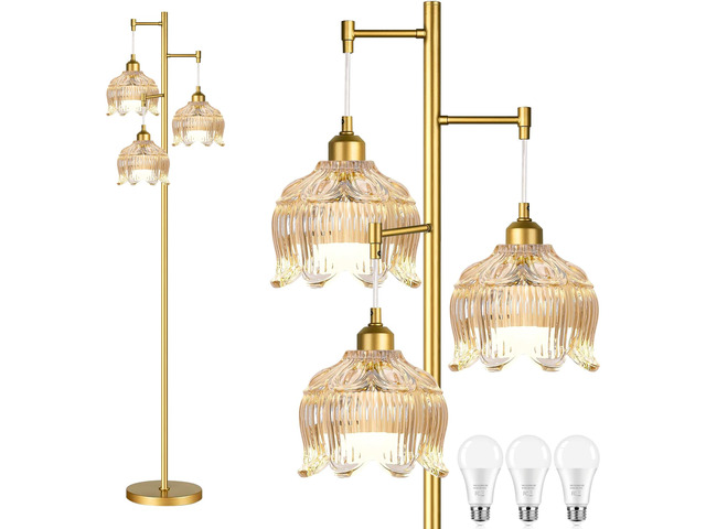 Vintage Floor Lamps for Living Room Bedroom-3 Light Gold Floor Lamp with Glass Lampshape, Flower Tall Lamp Glass Mid Century Standing Lamp Tree...