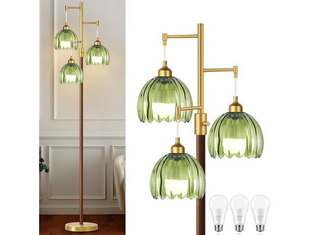 Wood Floor Lamps for Living Room Bedroom-3 Light Gold Floor Lamp with Glass Lampshape, Flower Tall Lamp Glass Mid Century Standing Lamp Vintage...