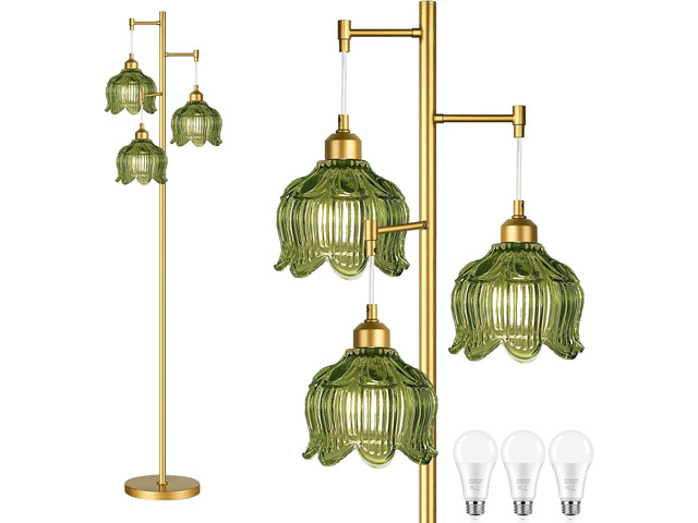 Vintage Floor Lamps for Living Room Bedroom-3 Light Gold Floor Lamp with Glass Lampshape, Flower Green Tall Lamp Mid Century Modern Standing Lamp...