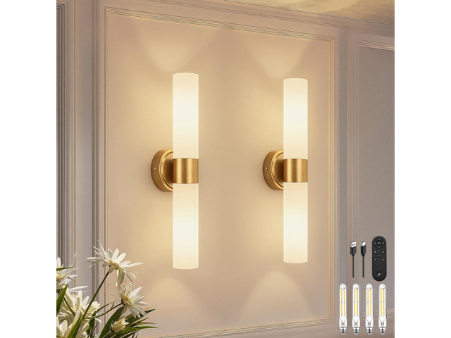Rechargeable Wall Sconces Set of Two, Brushed Gold Battery Operated Wall Light Fixtures with Remote Control, Dimmable Wireless Wall Sconces with...