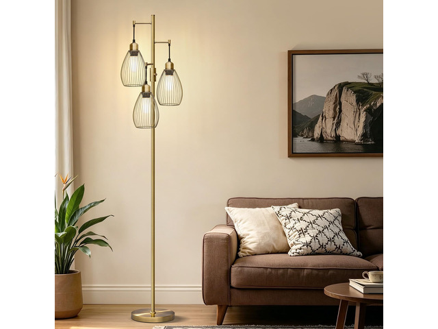 Dimmable Floor Lamp, 3 x 800LM LED Edison Bulbs Included, Farmhouse Industrial Floor Lamp Standing Tree Lamp with Elegant Teardrop Cage Tall Lamps...
