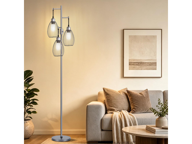 Dimmable Floor Lamp, 3 x 800LM LED Edison Bulbs Included, Industrial Floor Lamp Standing Tree Lamp with Elegant Teardrop Cage Heads Tall Lamps for...