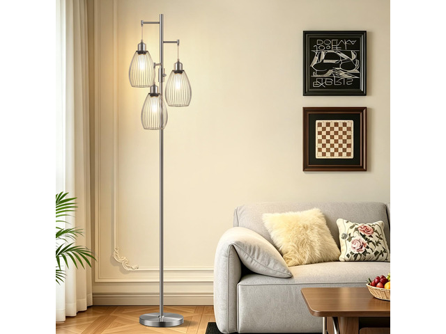 Dimmable Floor Lamp, 3 x 800LM LED Edison Bulbs Included, Industrial Floor Lamp Standing Tree Lamp with Elegant Teardrop Cage Heads Tall Lamps for...